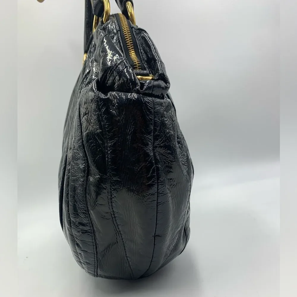 Auth Prada Black Patent Leather Whipstitch Tonal Stripe Satchel Lightweight